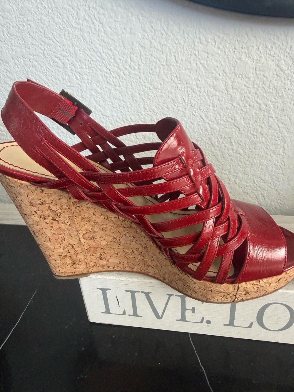 Enzo Angiolini "Vanida" Red Leather Woven Strappy Cork Wedge Sandals - Picture 5 of 9